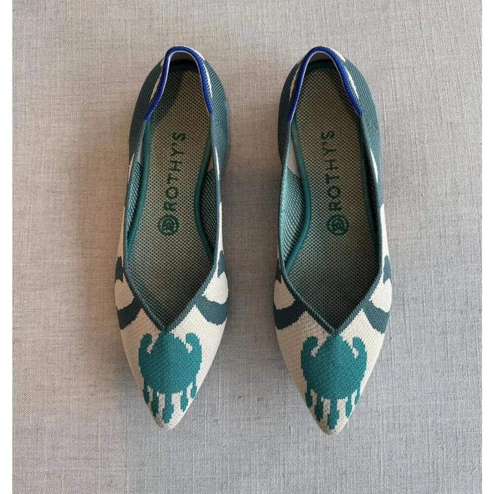 Rothy's Teal & Cream Pointed Knit Ballet Flat